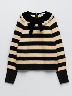 Zara Black Cream Striped Velvet Bow Collar Sweater Small Feminine Romantic